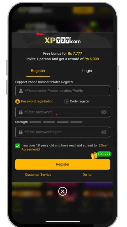 Xp777 game account registration steps