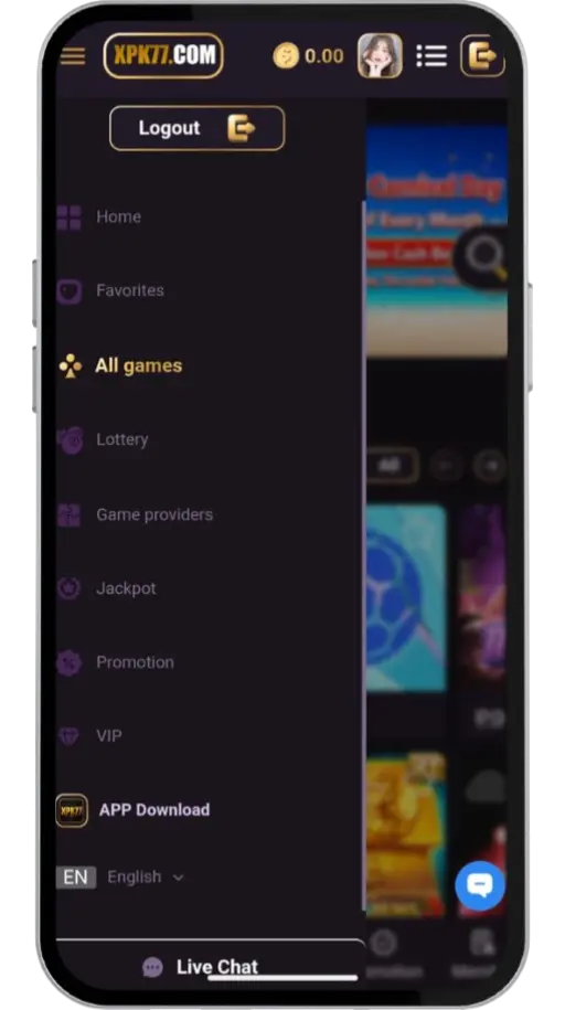 Xpk77 app menu screen on android