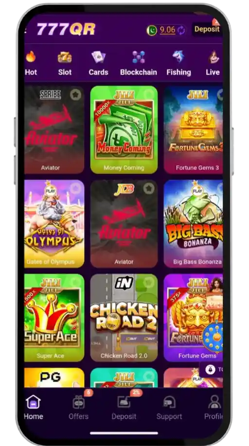 777QR game homescreen interface on android.