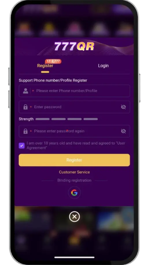 777QR account registration steps.