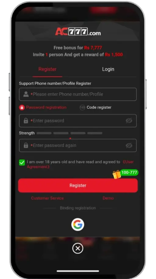 AC777 game account registration steps