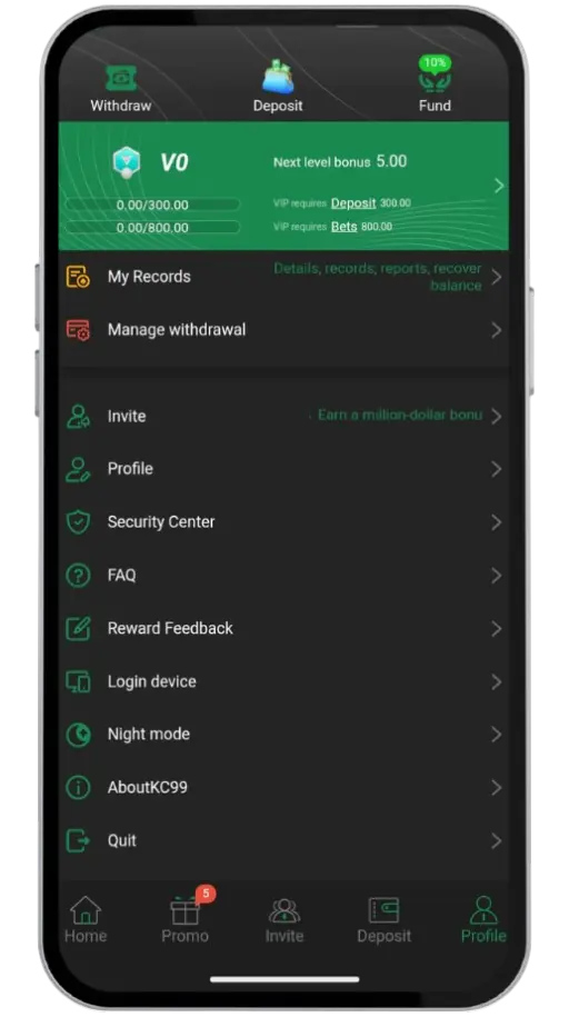 Deposit and withdraw screen interface