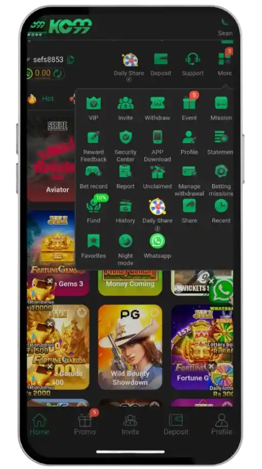 KC99 game home screen interface