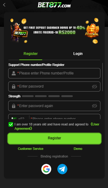 Bet877 registration form with phone and password fields